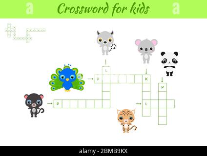 Jeu Crosswords d'animaux pour enfants avec des images. Feuille d'activités pour enfants version imprimable colorée. Jeu éducatif pour étudier les mots anglais. Illustration de Vecteur