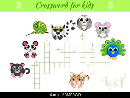 Jeu Crosswords d'animaux pour enfants avec des images. Feuille d'activités pour enfants version imprimable colorée. Jeu éducatif pour étudier les mots anglais. Illustration de Vecteur