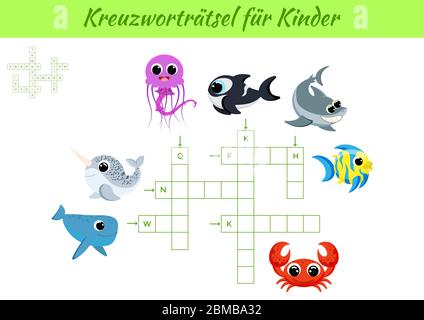 Kreuzworträtsel für Kinder - Crossword pour les enfants. Feuille d'activités pour enfants version imprimable colorée. Jeu éducatif pour étudier des mots allemands. Illustration de Vecteur