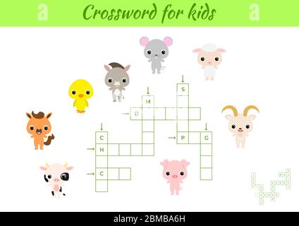 Jeu Crosswords d'animaux pour enfants avec des images. Feuille d'activités pour enfants version imprimable colorée. Jeu éducatif pour étudier les mots anglais. Illustration de Vecteur