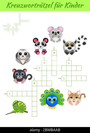 Kreuzworträtsel für Kinder - Crossword pour les enfants. Feuille d'activités pour enfants version imprimable colorée. Jeu éducatif pour étudier des mots allemands. Illustration de Vecteur