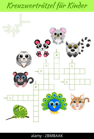 Kreuzworträtsel für Kinder - Crossword pour les enfants. Feuille d'activités pour enfants version imprimable colorée. Jeu éducatif pour étudier des mots allemands. Illustration de Vecteur