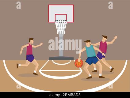 Illustration vectorielle d'un groupe de 3 joueurs de basket-ball en action sur un terrain de basket-ball. Illustration de Vecteur