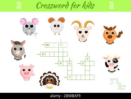 Jeu Crosswords d'animaux pour enfants avec des images. Feuille d'activités pour enfants version imprimable colorée. Jeu éducatif pour étudier les mots anglais. Illustration de Vecteur