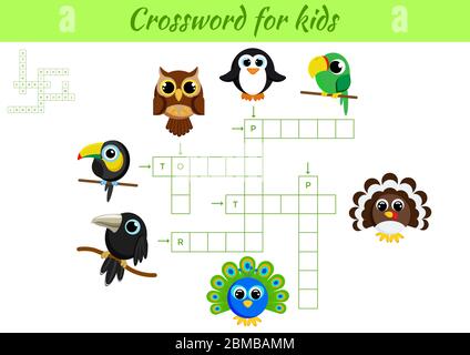 Jeu Crosswords d'animaux pour enfants avec des images. Feuille d'activités pour enfants version imprimable colorée. Jeu éducatif pour étudier les mots anglais. Illustration de Vecteur