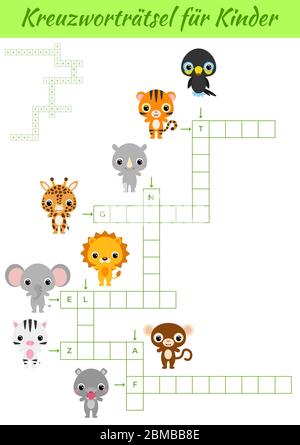 Kreuzworträtsel für Kinder - Crossword pour les enfants. Feuille d'activités pour enfants version imprimable colorée. Jeu éducatif pour étudier des mots allemands. Illustration de Vecteur
