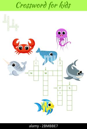 Jeu Crosswords d'animaux pour enfants avec des images. Feuille d'activités pour enfants version imprimable colorée. Jeu éducatif pour étudier les mots anglais. Illustration de Vecteur