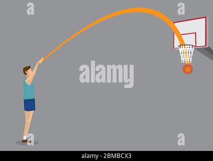 Illustration vectorielle d'un joueur de basket-ball de dessin animé qui photographie directement le basket-ball dans le panier à distance, marquant un objectif de champ à trois points. Illustration de Vecteur