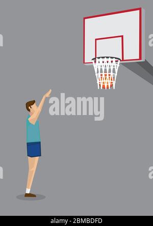 Vue latérale d'un joueur de basket-ball qui se prolonge les bras pour tirer le basket-ball dans le panier. Illustration de dessin animé vectoriel sur le thème du sport de basket-ball isolée sur gris Illustration de Vecteur