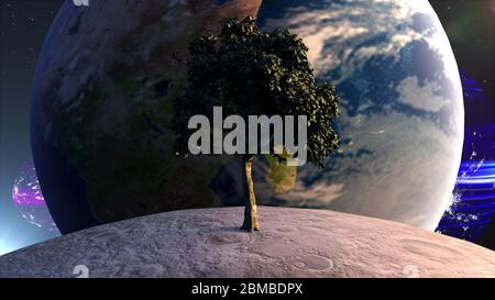 Arbre sur la lune en face de la planète Terre sur fond de corps célestes et d'étoiles. Composition futuriste générée par ordinateur. 3D Banque D'Images