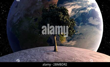 Arbre sur la lune en face de la planète Terre sur fond de corps célestes et d'étoiles. Composition futuriste générée par ordinateur. 3D Banque D'Images