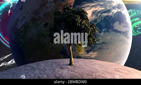 Arbre sur la lune en face de la planète Terre sur fond de corps célestes et d'étoiles. Composition futuriste générée par ordinateur. 3D Banque D'Images