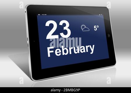 Une tablette affiche un calendrier en anglais avec la date du 23 février | Ein Tablet-Computer zeigt dans Englischer Sprache den 23. Février Banque D'Images