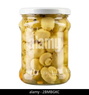 Délicieux champignons marinés dans le pot en verre isolé sur blanc. Le fichier contient un chemin d'écrêtage. Banque D'Images