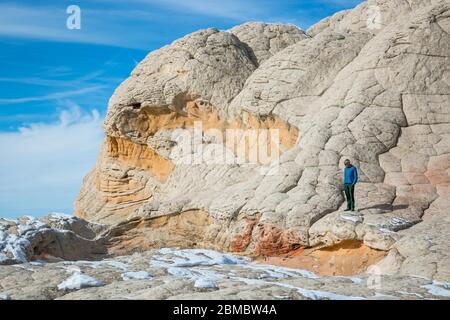 Découverte de White Pocket (Vermilion Cliffs, AZ) lors d'une journée d'hiver avec un oiseau bleu Banque D'Images