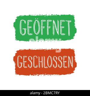Ensemble esquissé à la main geschlossen Geoeffnet citations en allemand. Traduit ouvert fermé. Lettrage pour affiche, carte, prospectus, publicité, bannière, panneau d'affichage Illustration de Vecteur