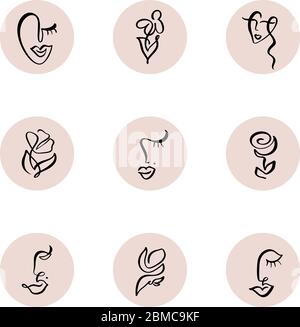 Scénario ensemble coloré modèles icônes et emblèmes histoire de médias sociaux mettre en évidence fleurs et visage. Différentes icônes blogger dans le mode un linéaire Illustration de Vecteur