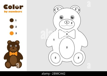 Jouet ours en style de dessin animé, couleur par nombre, jeu de papier d'éducation pour le développement des enfants, page de coloriage, enfants d'activité préscolaire, imprimable WO Illustration de Vecteur