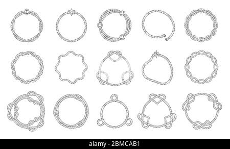 Cadres de corde ronds, ondulés et lisses avec des noeuds de mer. Lignes de cadres tissées. Bordures pour modèle de sélection, illustration vectorielle. Illustration de Vecteur