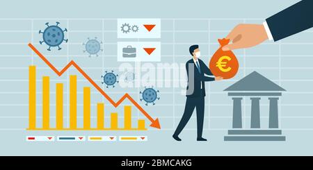 Impact du coronavirus covid-19 sur l'économie et la réponse: Graphique financier montrant la crise financière et l'homme d'affaires recevant des fonds du gouvernement et c Illustration de Vecteur
