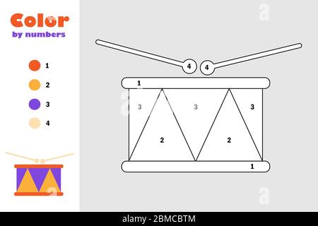 Tambour jouet en style de dessin animé, couleur par numéro, jeu de papier d'éducation pour le développement des enfants, page de coloriage, enfants d'activité préscolaire, imprimable WO Illustration de Vecteur
