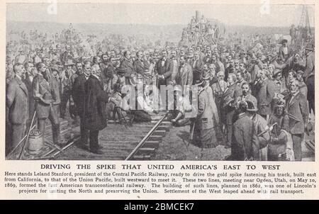 Illustration ancienne de Leland Stanford, président du Central Pacific Railways, 10 mai 1869 - achèvement du First Transcontinental Railroad. Banque D'Images