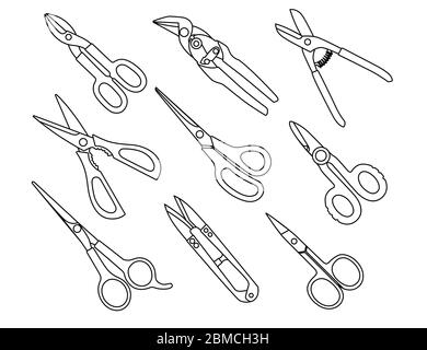 Différents modèles de ciseaux outils de collection pour le jardinage médical barber ou sur mesure vecteur d'illustration isolé sur fond blanc style de contour Illustration de Vecteur