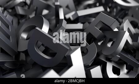 concept d'illustration 3d gros plan de nombreux aluminium métallique brillant comme des lettres fond avec des bords usés texture et faible profondeur de champ Banque D'Images
