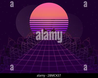 arrière-plan de science-fiction rétro des années 80. Paysage futuriste en réalité virtuelle. Style Synthwave et four à micro-ondes. Illustration vectorielle Illustration de Vecteur