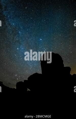 Ciel étoilé et voie lactée au-dessus des formations rocheuses du parc national de City of Rocks, situé entre Silver City et Deming dans le Chihuahuan Banque D'Images