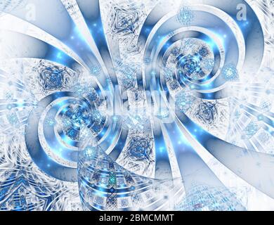 Décoration géométrique abstraite complexe avec spirales bleues étincelantes sur fond noir. Design fractal fantaisie. Art numérique psychédélique rendu 3D. Banque D'Images