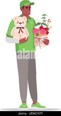 Illustration vectorielle de couleur RVB semi-plate pour la livraison de cadeau de Saint-Valentin. Envoyez un bouquet de fleurs et d'ours en peluche. Courier africain mâle en uniforme vert isolé ca Illustration de Vecteur