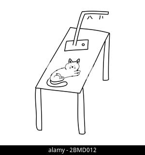 Table de douche dessinée à la main avec lampe moderne et chat dessus. icône réveil. Un élément isolé sur fond blanc. Illustration de stock vectoriel. Illustration de Vecteur