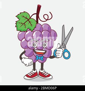 Une illustration de la mascotte de dessin animé de fruits de raisin comme barbier souriant avec des ciseaux à la main Illustration de Vecteur