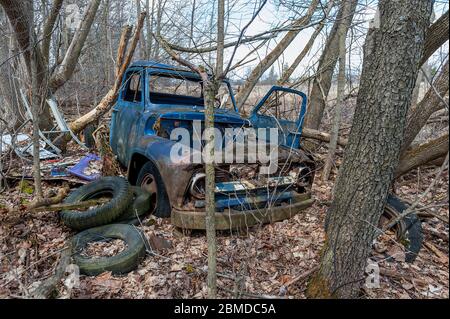 camion abandonné dans les bois Banque D'Images