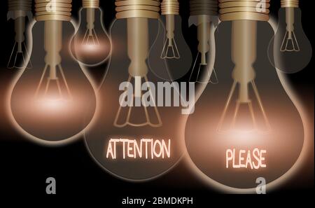 Rédaction conceptuelle de la main montrant l'attention s'il vous plaît. Concept signification demander à montrer de concentrer leurs pouvoirs mentaux sur vous Banque D'Images