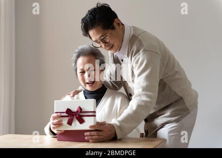 Un couple asiatique âgé assis à la table Banque D'Images