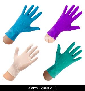 Jeu de gants jetables en caoutchouc à la main. Gants en latex et gants en nitrile de différentes couleurs sur fond blanc. Équipement de protection individuelle pour Illustration de Vecteur