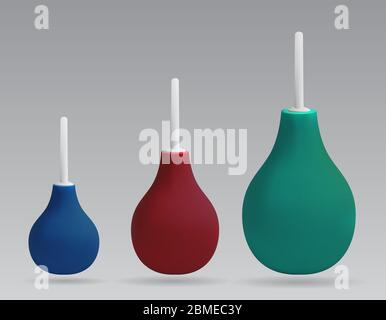 Enema. Ensemble d'enemas de différentes tailles et couleurs. Poire en caoutchouc et pointe en plastique. Vecteur. Illustration de Vecteur