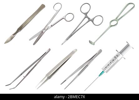 Jeu d'instruments chirurgicaux. Différents types de pinces, scalpel réutilisable tout métal, clip avec fixation, ciseaux droits à extrémités arrondies, en sac Illustration de Vecteur