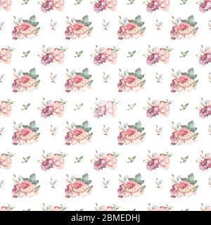 Motif aquarelle dessiné à la main avec roses rouges, blanches et bleues, fleurs de pivoine et de lilas et feuilles vertes. Isolé sur fond blanc pour mariage Banque D'Images