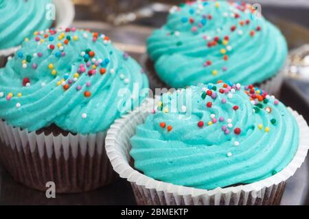 cupcakes colorés déglacés avec une variété de saveurs givrantes. Banque D'Images
