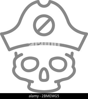 Crâne avec icône de la ligne de chapeau de capitaine pirate. Esquisse de tatouage, symbole de crâne Illustration de Vecteur