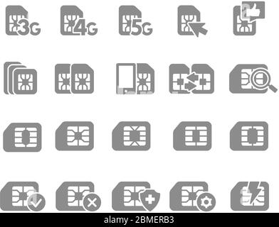 Ensemble d'icônes grises plates de la carte SIM. 3G, 4G, 5G - réseau, Internet mobile, puce EMV, fente pour cartes, puce de téléphone et plus encore. Illustration de Vecteur