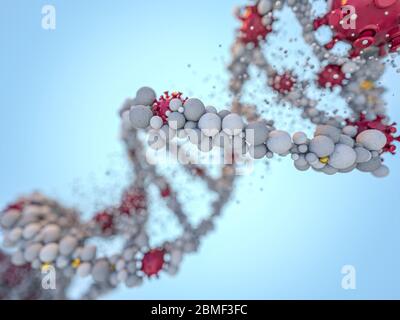 Covid-19. Pathogène coronavirus respiratoire 2019-ncov grippe. Virus attaque l'ADN. Rendu 3D Banque D'Images