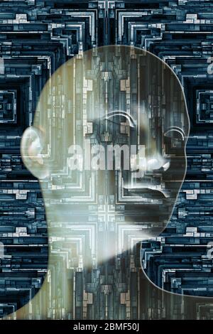 Tête humanoïde comme concept pour l'intelligence artificielle, les générations futures de l'homme, la technologie singularité, cyberlife numériquement et créé des personas Banque D'Images