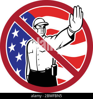 Illustration de style rétro d'un officier de patrouille de sécurité des frontières américain portant un masque de mise en main pour arrêter l'entrée en cercle avec USA fl Illustration de Vecteur