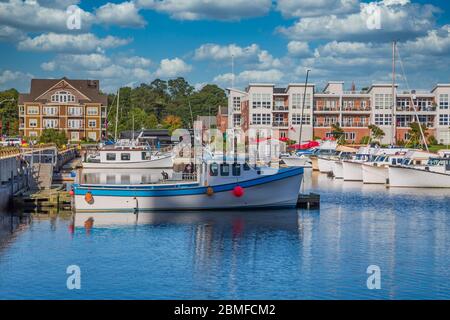 Bateau de pêche bleu et blanc à Blue Harbour Banque D'Images