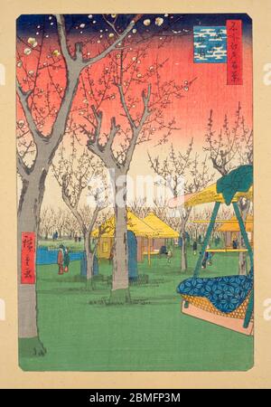 [ 1850 Japon - Blossom de prune japonaise ] — personnes qui apprécient la fleur de prune à Kamata près d'Edo (Tokyo actuel), 1857 (Ansei 4). Cette impression en bois est l'image 27 dans une centaine de vues célèbres d'Edo (名所江戸百景, Meisho Edo Hyakkei), une série créée par l'artiste ukiyoe Utagawa Hiroshige (歌川広重, 1797–1858). C'est l'une des 42 scènes de printemps de la série. Titre: Verger prune à Kamada (蒲田の梅園, Kamada no umezono) 19ième siècle vintage Ukiyoe imprimé de blocs de bois. Banque D'Images