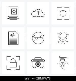 Jeu de 9 pictogrammes modernes de l'icône de ligne d'interface utilisateur mobile : non, autorisé, haut, haut, illustration du vecteur de nombre Illustration de Vecteur